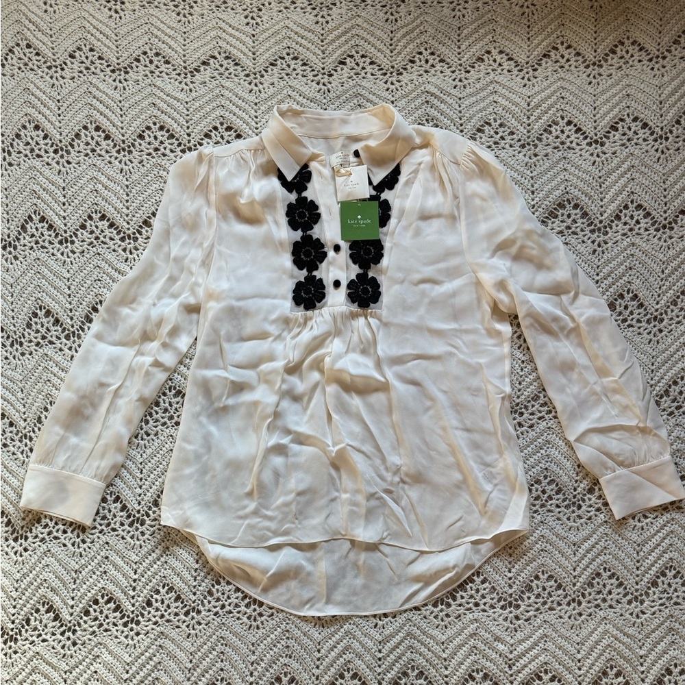 NWT Kate Spade Cream Blouse with Black Floral Details Size Large 100% Silk